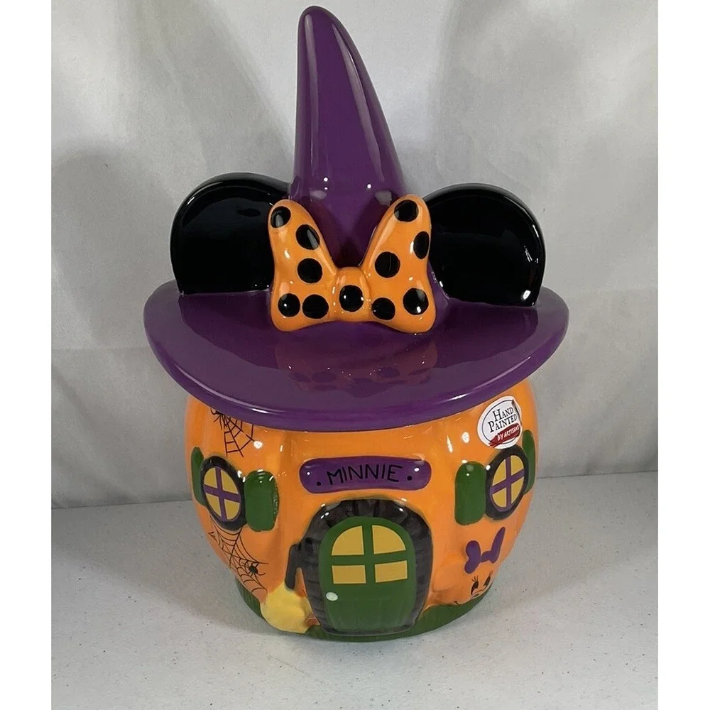 Disney Minnie Mouse Halloween Pumpkin House Cookie Jar Canister Hand Painted